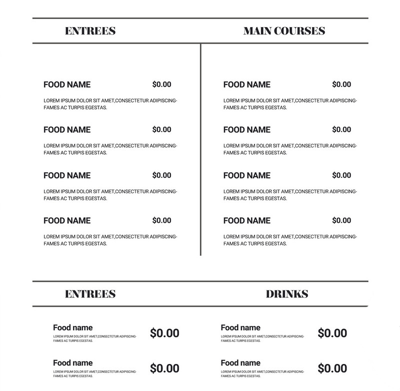 Sample menu with entrees, main courses and drinks
