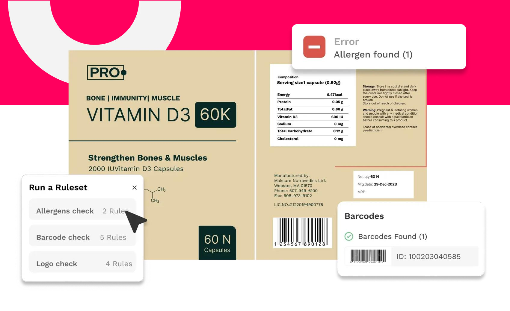 Automated label compliance checks: allergen check, barcode check and logo check running against a real product label
