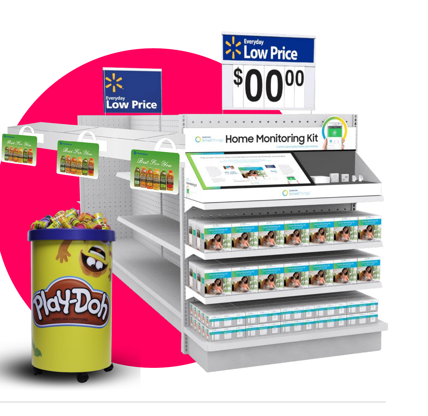 Point-of-sale displays and shelf talkers in a retail aisle