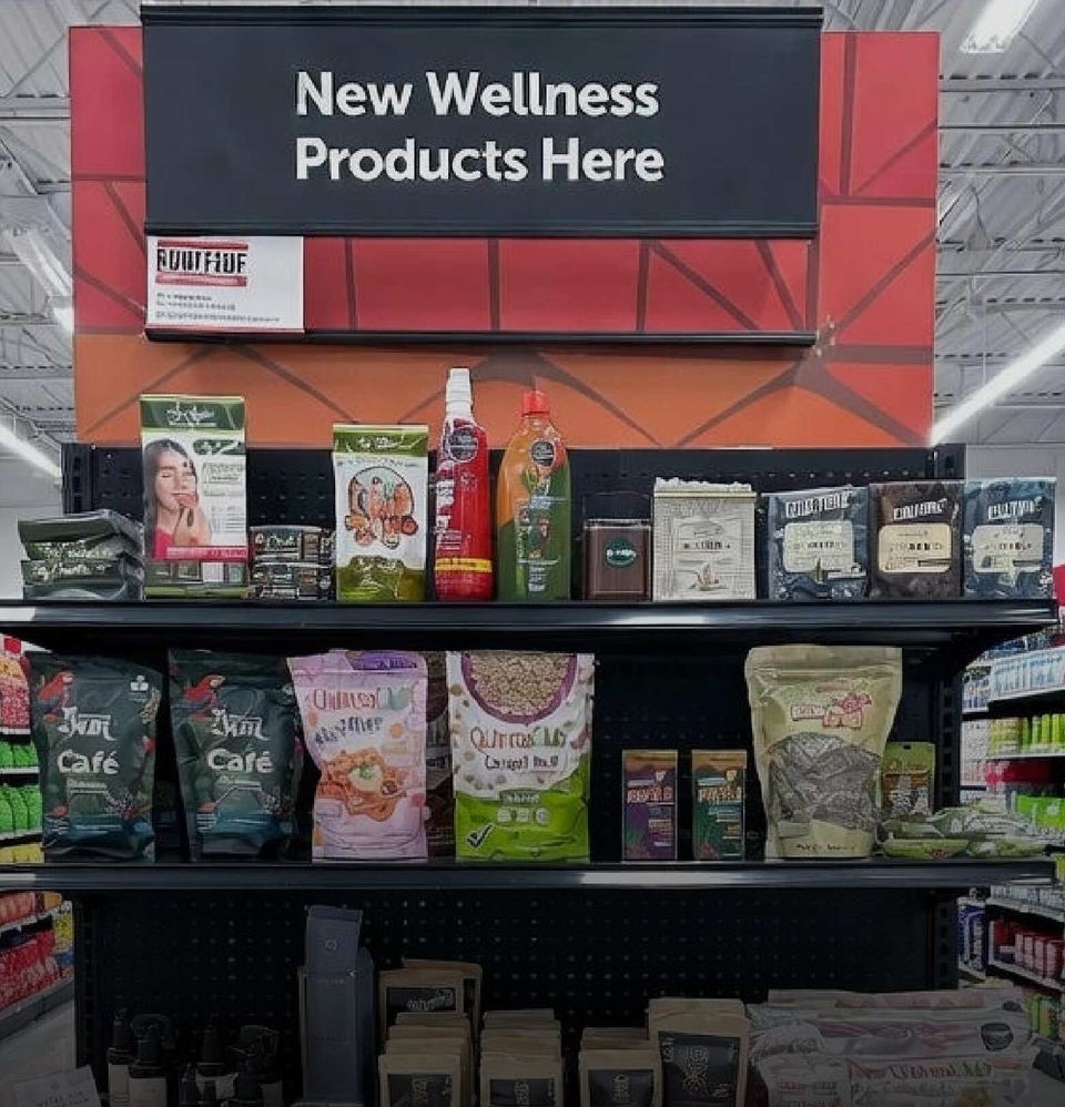 Client products displayed on a 'New Wellness Products Here' retail shelf